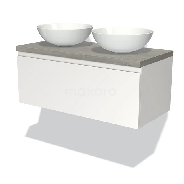 Weißes hängendes Badmöbel mit Betongrau Platte und doppeltem rundem Waschbecken, moderne minimalistische Ausstrahlung.