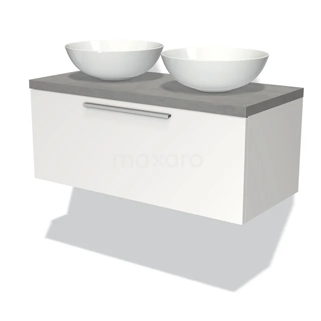 Weiße hängende Waschtisch mit grauer Platte und doppelten Aufsatzwaschbecken, modernes Design für stilvolle Badezimmergestaltung.