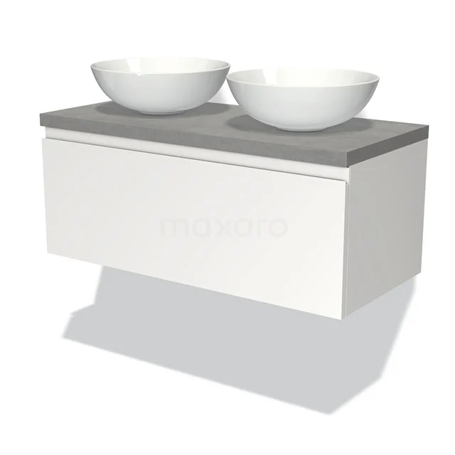 Wandmöbel Badezimmer mit grauer Oberseite, weißer Schublade und zwei runden Waschbecken; modernes Design, ideal für stilvollen Stauraum.