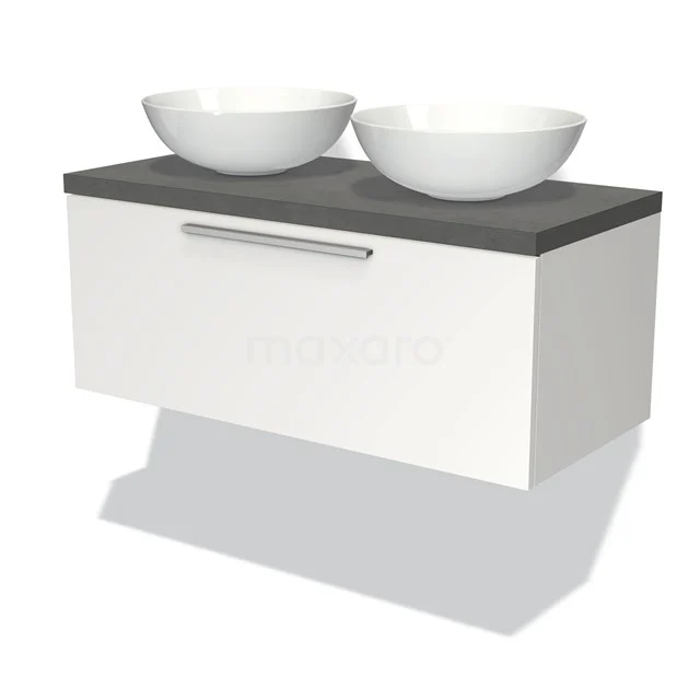 Weißes hängendes Badmöbel mit zwei runden Aufsatzwaschbecken und grauer Platte; modernes Design mit Stauraum.