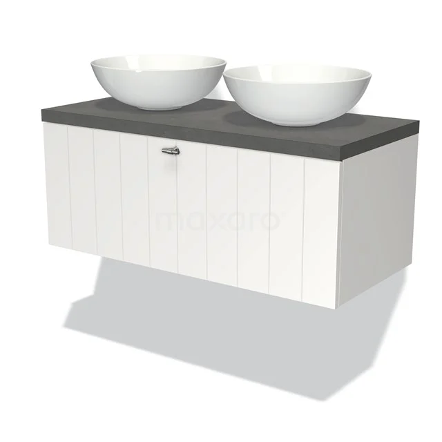 Weiße hängende Badmöbel mit grauer Holzoberfläche und zwei weißen runden Aufsatzwaschbecken, modernes und platzsparendes Design.