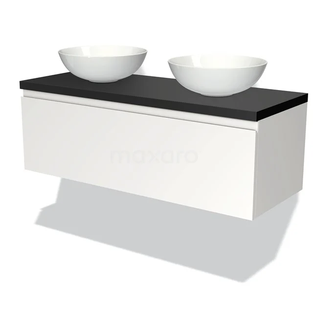 Weißes schwebendes Badmöbel mit schwarzer Oberfläche und zwei runden Waschbecken, modernes Design ideal für ein stilvolles Badezimmer.