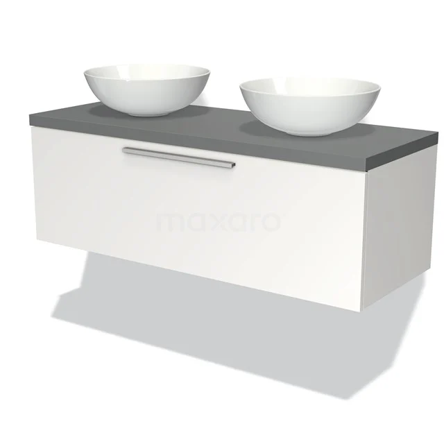 Weißes hängendes Badezimmermöbel mit grauer Platte, doppelten Aufsatzwaschbecken und Aluminium Haltegriff, modernes Design, ideal für das Badezimmer.