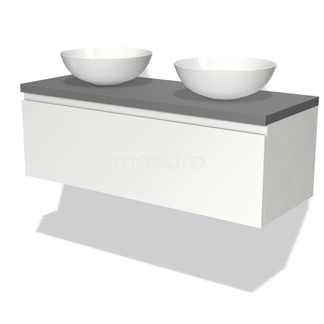 Double basin set, white hanging unit with grey top, two round bowls; modern bathroom design.