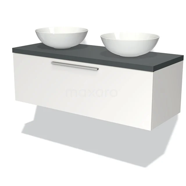 White wooden bathroom unit with grey worktop and double round vanity units for countertop wash basins, modern design for stylish bathroom layout.