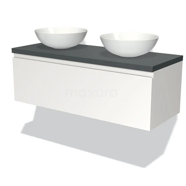 Modern weißes hängendes Badezimmermöbel mit schwarzer Platte und zwei runden Waschbecken, ideal für ein schickes Badezimmer.