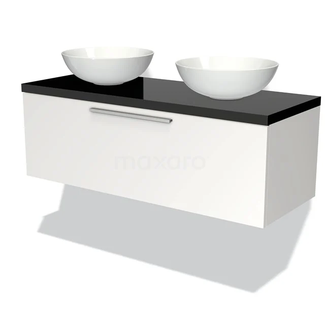 White suspended bathroom unit with black worktop, double round basins, sleek design and black metal handle.