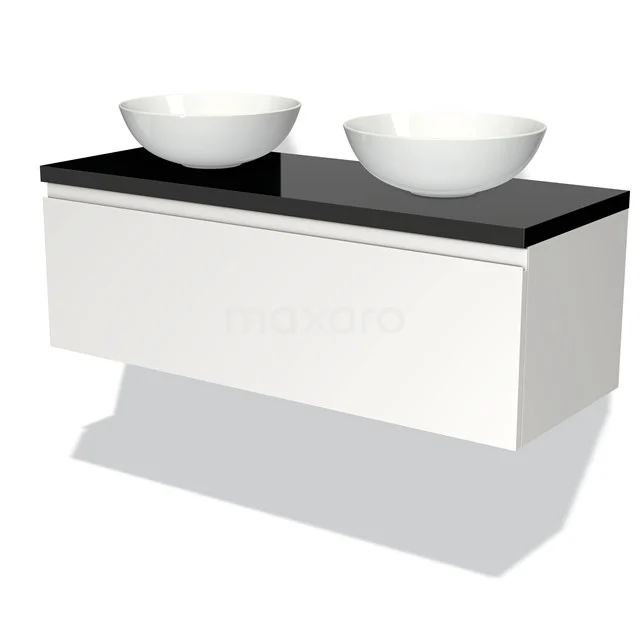 Weißes schwebendes Badmöbel mit schwarzer Platte und zwei runden Aufsatzwaschbecken, modernes Design aus Hochglanzmaterial.