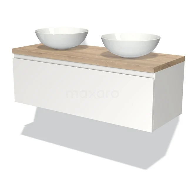 White hanging bathroom unit with wood-look worktop and two round countertop wash basins, modern design for a stylish bathroom.