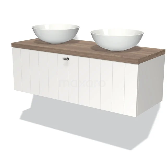 Modern white bathroom unit with wood-look worktop and two round countertop wash basins, ideal addition for a stylish bathroom.