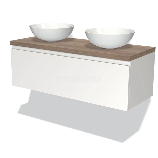 Floating white bathroom unit with wooden worktop, two round countertop wash basins, modern design for stylish bathroom design.