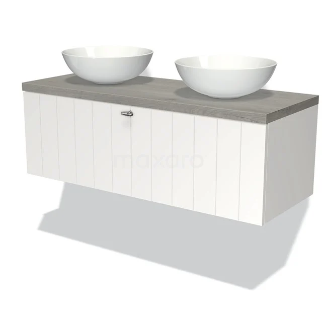 Modulo Plato Vanity units for countertop basin | 120 cm Matte white Slat front Grey oak worktop 1 drawer BMK11-00745 White hanging bathroom unit with double basin design, wood-look worktop and vertical panels, modern and sleek design.