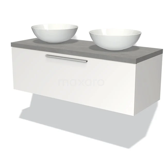 White floating bathroom unit with grey worktop and two round countertop wash basins, modern design, ideal for spacious bathrooms.