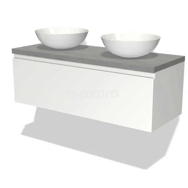 White hanging bathroom furniture set with grey matte top and two round countertop wash basins, modern design.