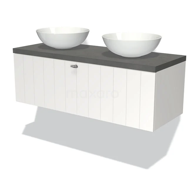 Moderne weiße Badmöbelset mit grauer Platte und zwei Waschbecken, klare Formgebung aus Holz im skandinavischen Stil.