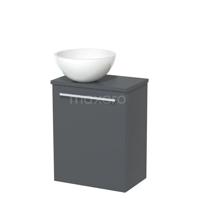 WC-Möbel mit Aufsatzwaschbecken | 41 cm Dunkelgrau Glatte Front Hochglanz Weiß Mineralguss-Aufsatzwaschbecken Dunkelgrau Platte TMK10-04967 Grauer Badschrank mit weißer Waschbecken, schlankes Design, mit silberfarbigem Haltegriff und Stauraum für ein modernes Badezimmer.