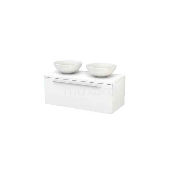 White hanging vanity unit with two round countertop wash basins, sleek design, ideal for a modern bathroom.