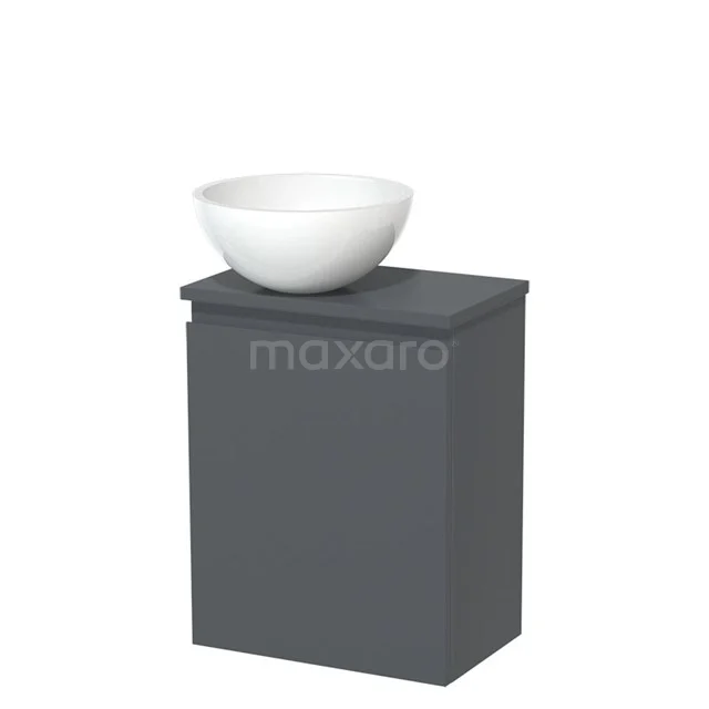 Grey bathroom cabinet with a ceramic white countertop wash basin, compact design ideal for modern bathrooms.