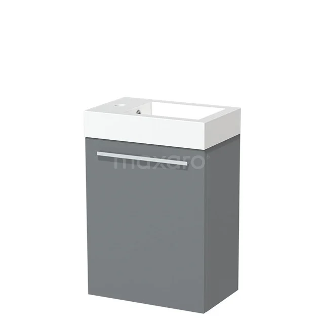 Grauer Badschrank mit weißem Waschbecken, kompaktes Modell, modernes Design, ideal für kleine Bäder.