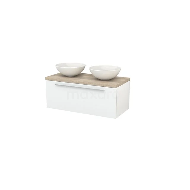 White bathroom furniture set with wooden worktop, two round countertop wash basins and a modern drawers, ideal for stylish bathroom layout.