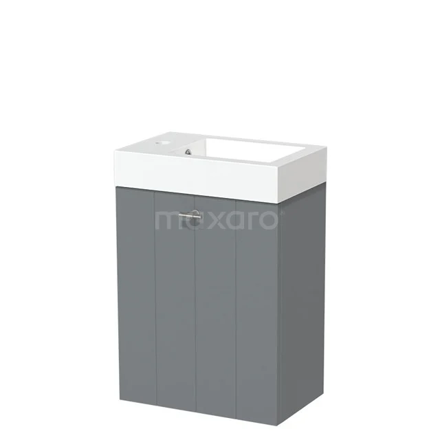 Grey bathroom cabinet with basin, compact shape, white ceramic, matt grey fronts and modern design for small bathrooms.