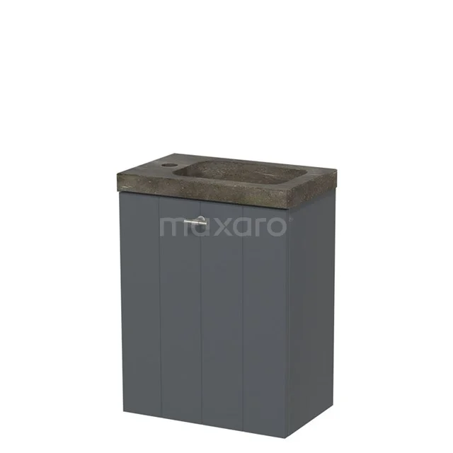 Grauer Badschrank mit Holz-Waschtischplatte, kompakte Formgebung, ideal für moderne Bäder.