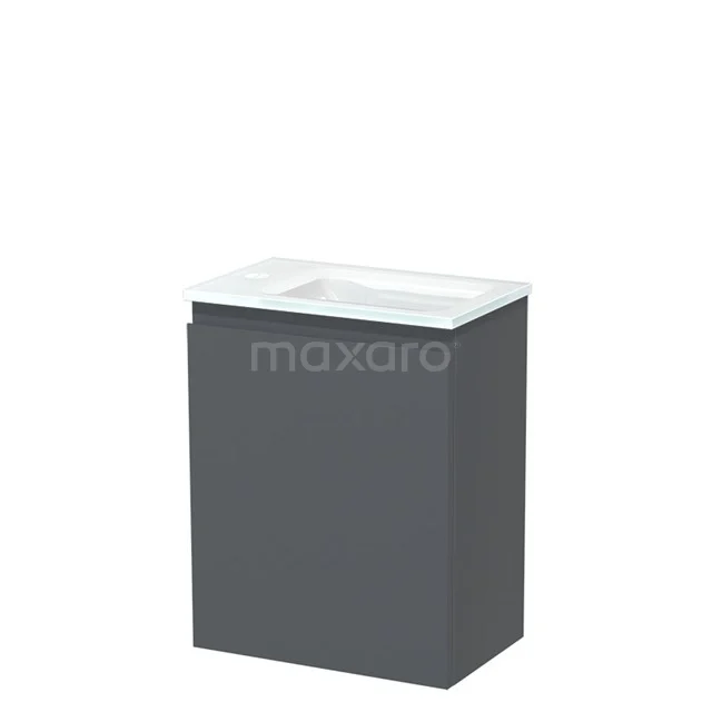 Dark grey bathroom furniture set with basin; modern styling, compact design, ideal for small bathrooms.