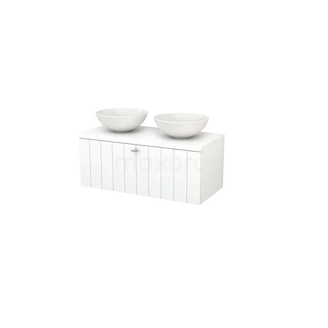 White vanity unit with two ceramic bowls, vertical panel doors and modern design, ideal for a stylish bathroom.