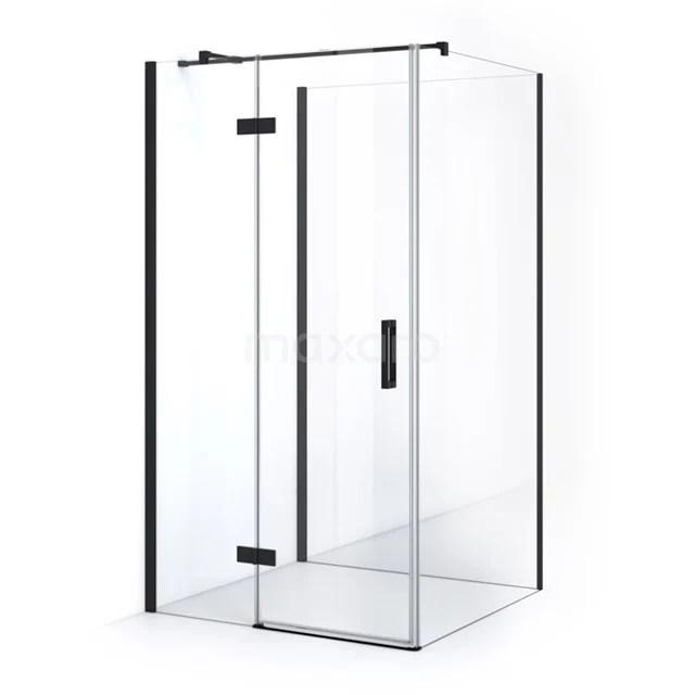 Schwarze Ecke Duschkabine aus Glas mit Drehtür, klare Linien und modernem Design, ideal für ein stilvolles Badezimmer.