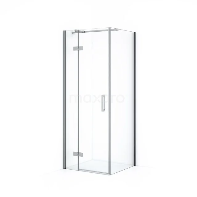 Gläserne Duschkabine mit chromatischen Akzenten, quadratischer Form und Drehtür; perfekt für eine moderne Badezimmer Einrichtung.