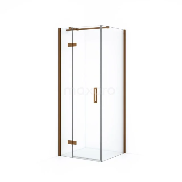 Glass shower enclosure with gold finish, modern corner shape, ideal for a stylish bathroom.