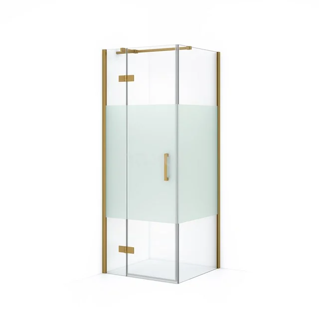 Glas Duschkabine mit mattem Glas, Messingakzenten und Eckdesign, ideal für einen modernen Badezimmerstil.