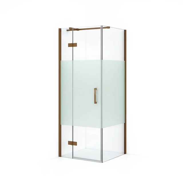 Glass shower enclosure with frosted glass, rectangular design, wooden accents and a stylish door; ideal for modern bathrooms.