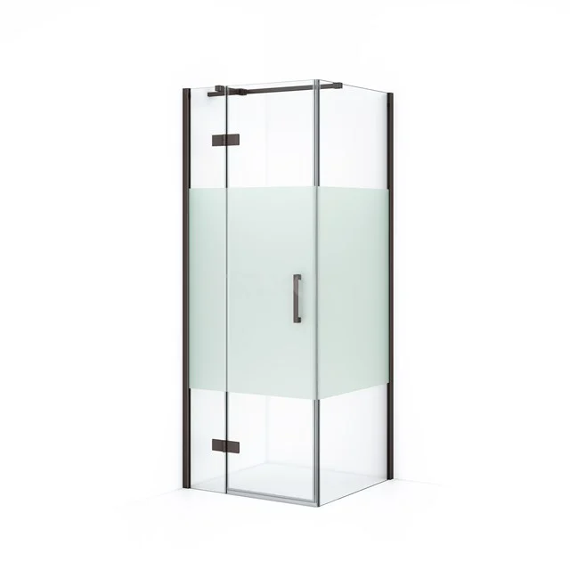 Shower enclosure with black frame and frosted glass, space-saving design for a modern bathroom.