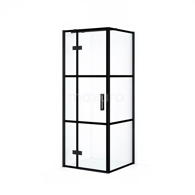 Zwarte mat aluminium douchecabine met helder glas en industrieel design, ideaal als stijlvolle toevoeging aan moderne badkamers.