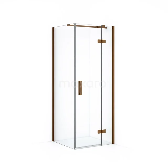 Shower enclosure with clear glass panels, brass hinges and wooden accents, perfect for stylish bathroom decor.