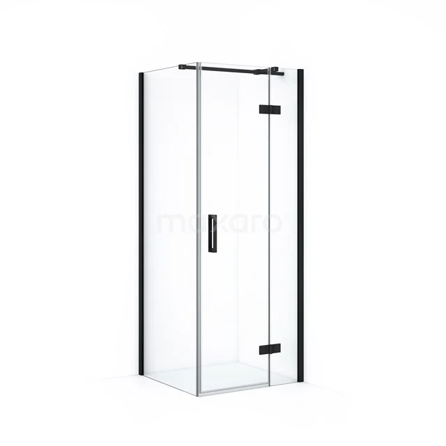 Glass shower enclosure with black accents, modern design, ideal for a stylish bathroom.