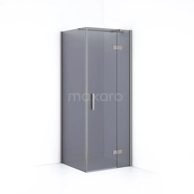 Grey glass shower enclosure with corner design, metal handle and sliding doors, ideal for modern bathrooms.