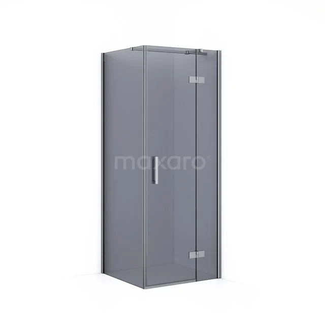 Grey corner shower cabin with glass doors and chrome handle, modern design suitable for any bathroom style.