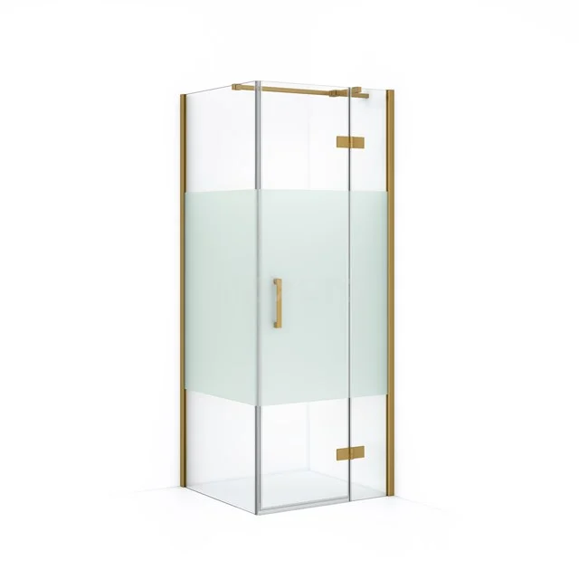 Shower enclosure with frosted middle panel, gold accents and sleek design; perfect for a modern bathroom.