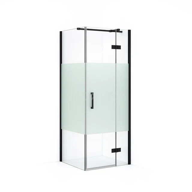 Modern glass shower enclosure with matte white panel, black frame and metal handle, ideal for a stylish bathroom.