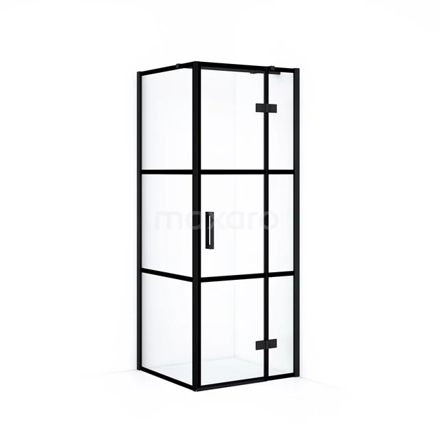 Black aluminium shower enclosure with clear glass, industrial style, ideal for modern bathrooms.