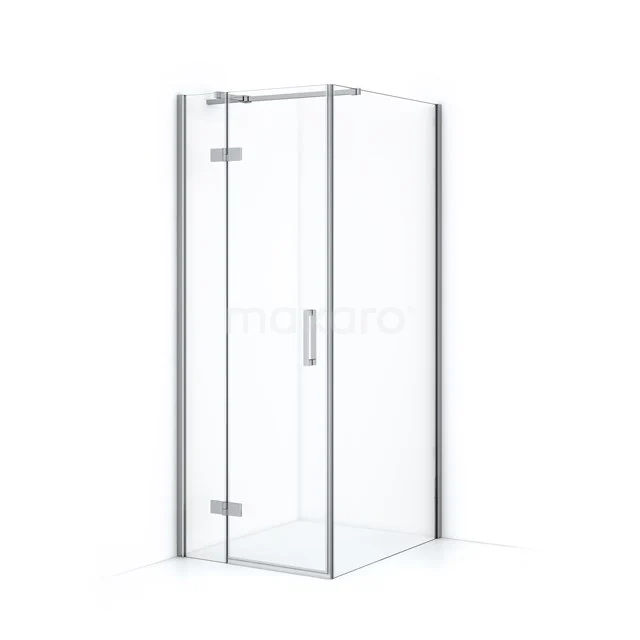 Corner shower cabin in clear glass with chrome profiles, modern design, perfect for a stylish bathroom.