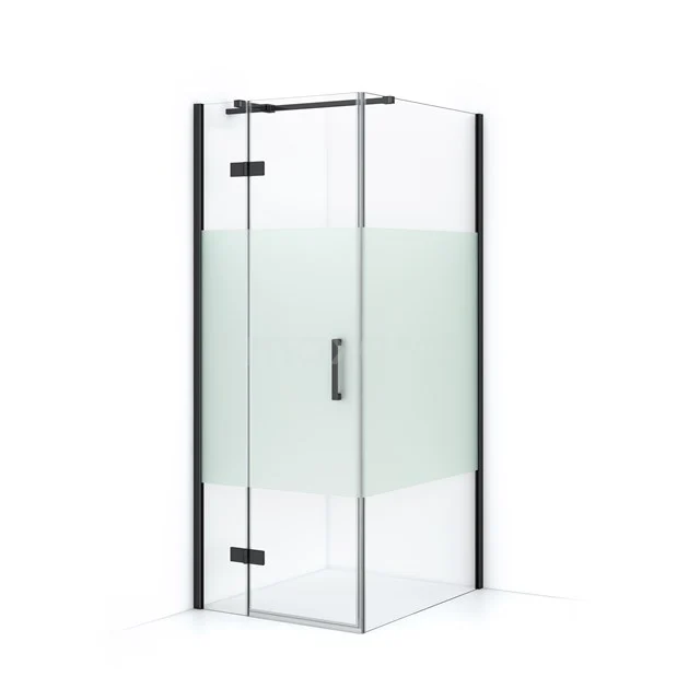 Glass shower enclosure with frosted strip, square design, black frame; perfect for a modern bathroom style.