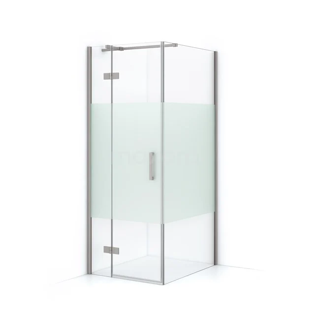 Eck-Duschkabine aus Glas mit matt weißem Streifen, minimalistisches Design, ideal für ein modernes Badezimmer.