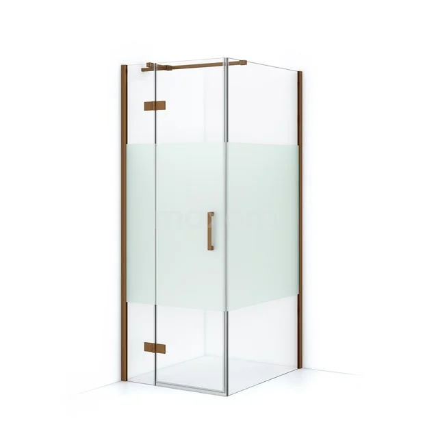 Eck-Duschkabine mit klarem und mattem Glas, Messingdetails, luxuriösem Erscheinungsbild, ideal für moderne Bäder.