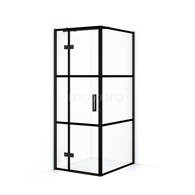 Black shower enclosure with industrial look, clear glass and black frames; modern design for a stylish bathroom.