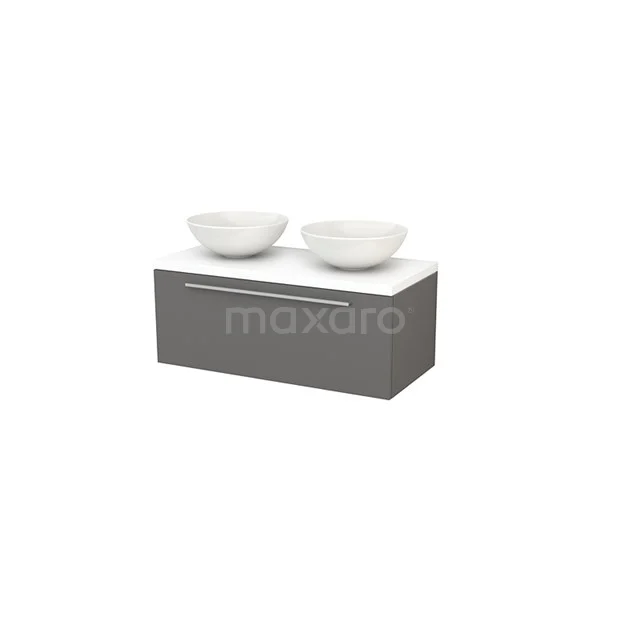 Dark grey bathroom furniture set with two white countertop wash basins, clean styling and modern design.