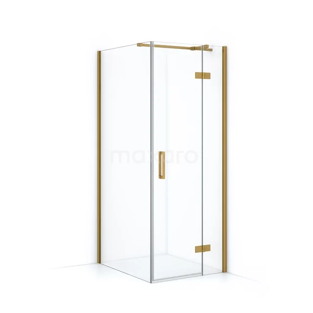 Glass shower enclosure with gold details, corner model with modern finish, ideal for a stylish bathroom.