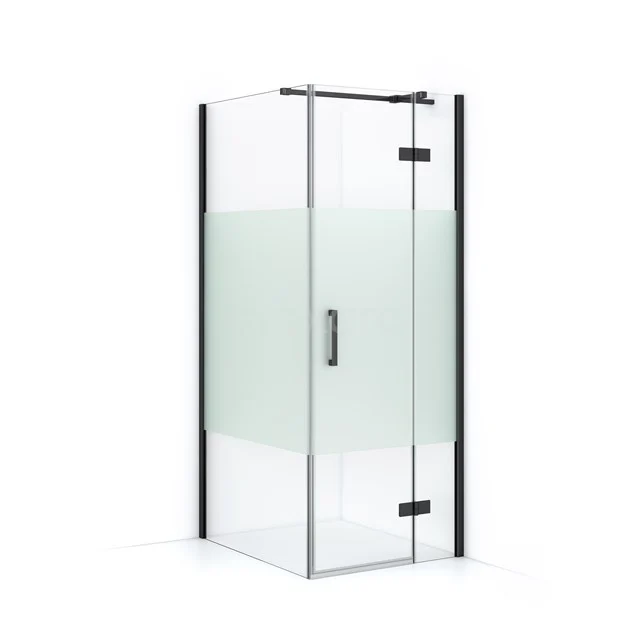 Shower enclosure with matte glass panel, black profiles and pivot door; modern design for stylish bathroom.